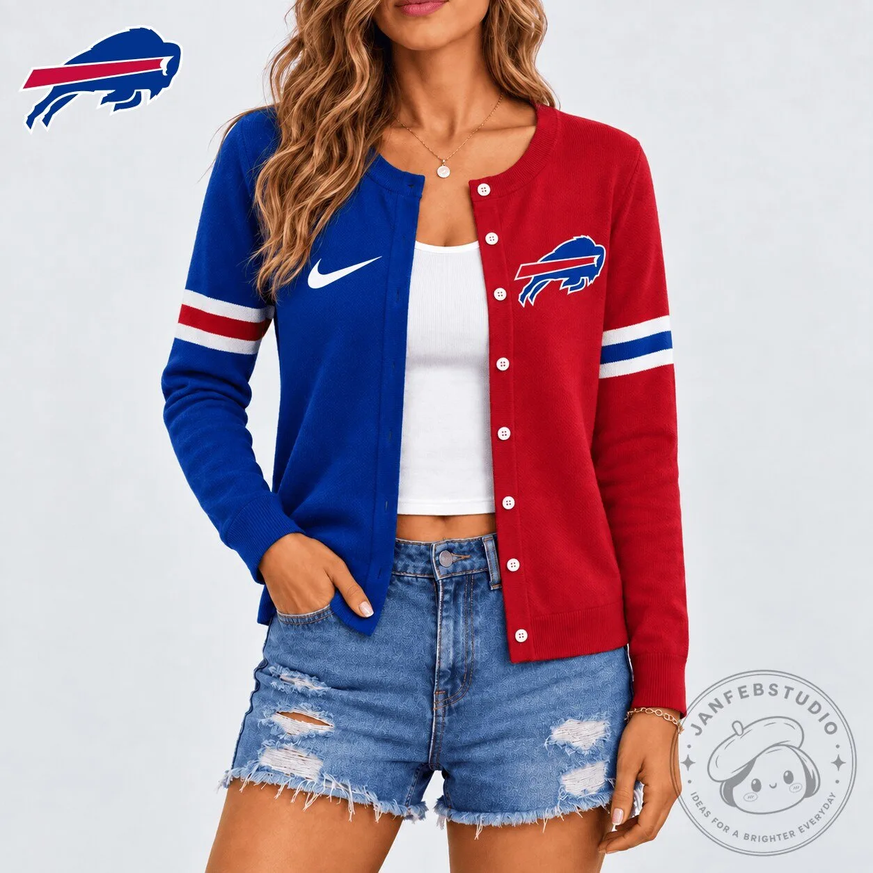 Buffalo Bills NFL Team Spirit Red Blue Striped Women's Cardigan Sweater