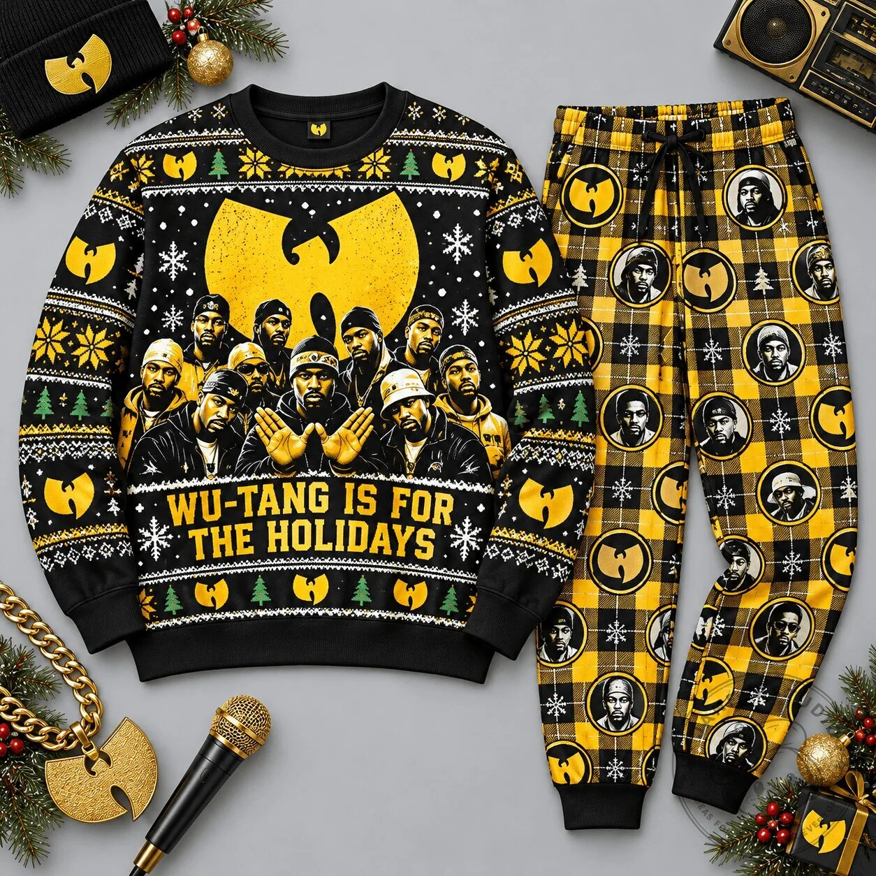 Wu-Tang Clan Holiday Festive Yellow Black Ugly Christmas Sweatshirt and Pajamas Set