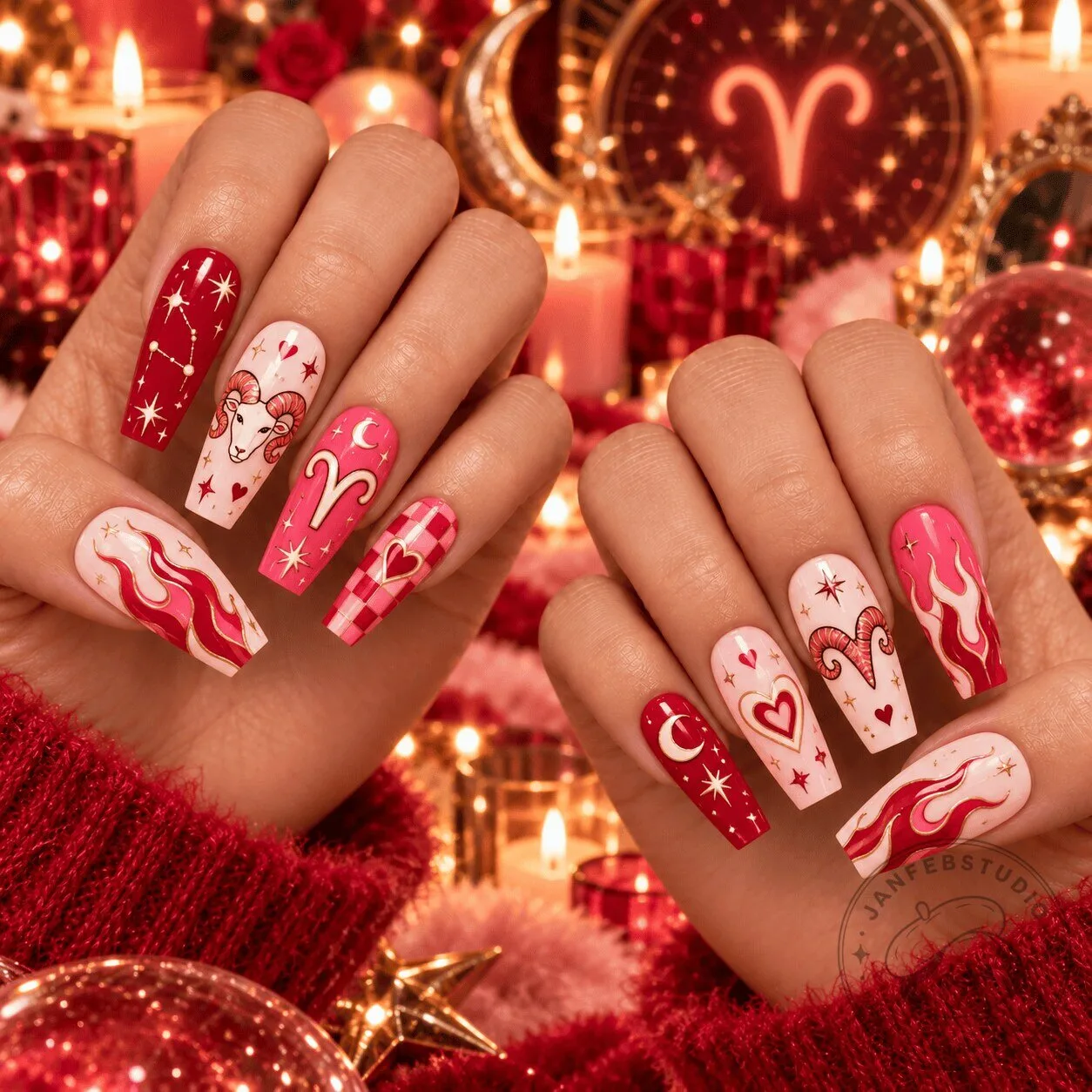 Aries Zodiac Sign Fiery Goddess Celestial Press-On Nails Set