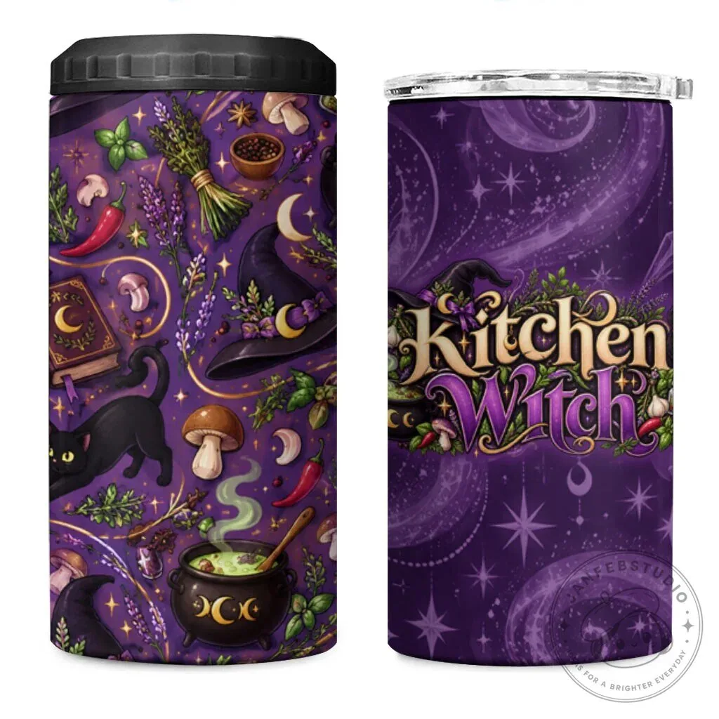 Kitchen Witch Mystical Wiccan Magic Herb Cauldron Black Cat Can Cooler Tumbler