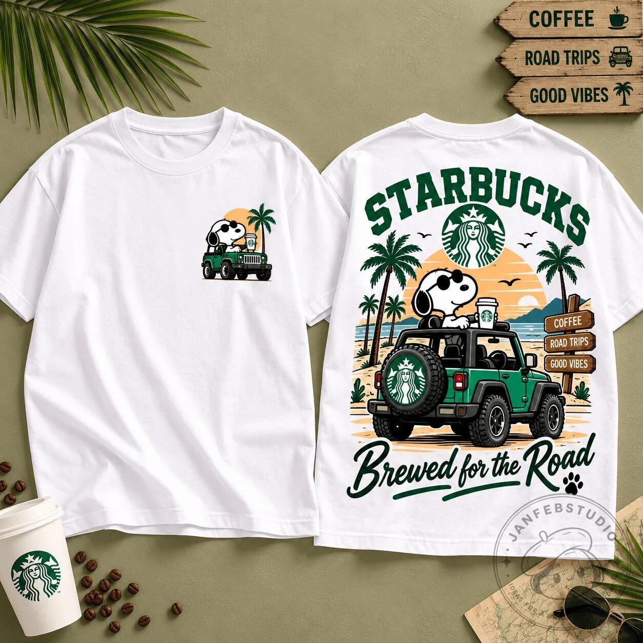 Snoopy Starbucks Jeep Brewed for the Road Beach Sunset Graphic T-Shirt