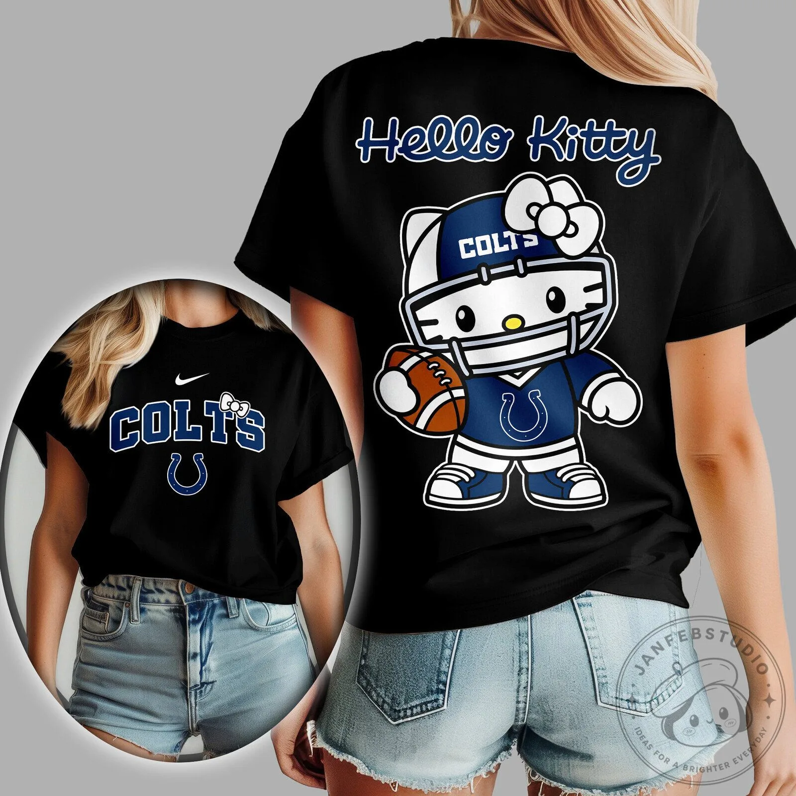 Indianapolis Colts Hello Kitty Football Fan Graphic Black T-Shirt