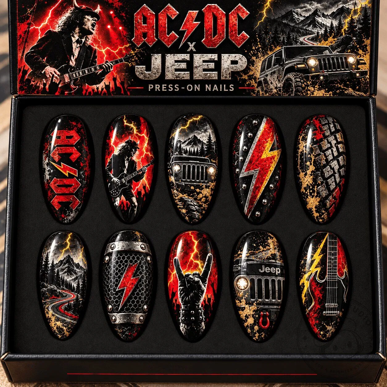 AC/DC and Jeep Red Lightning Rock Graphics Press On Nail Set