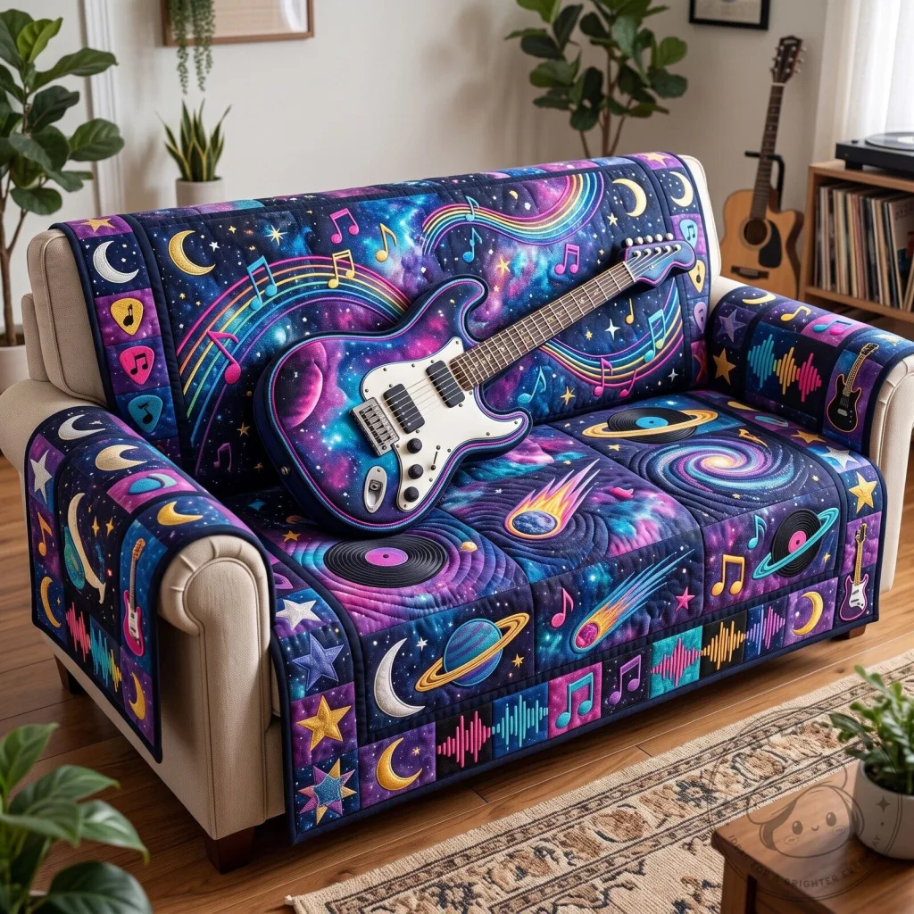 Colorful Galaxy Guitar Music Notes Quilted Sofa Cover for Living Room Decor