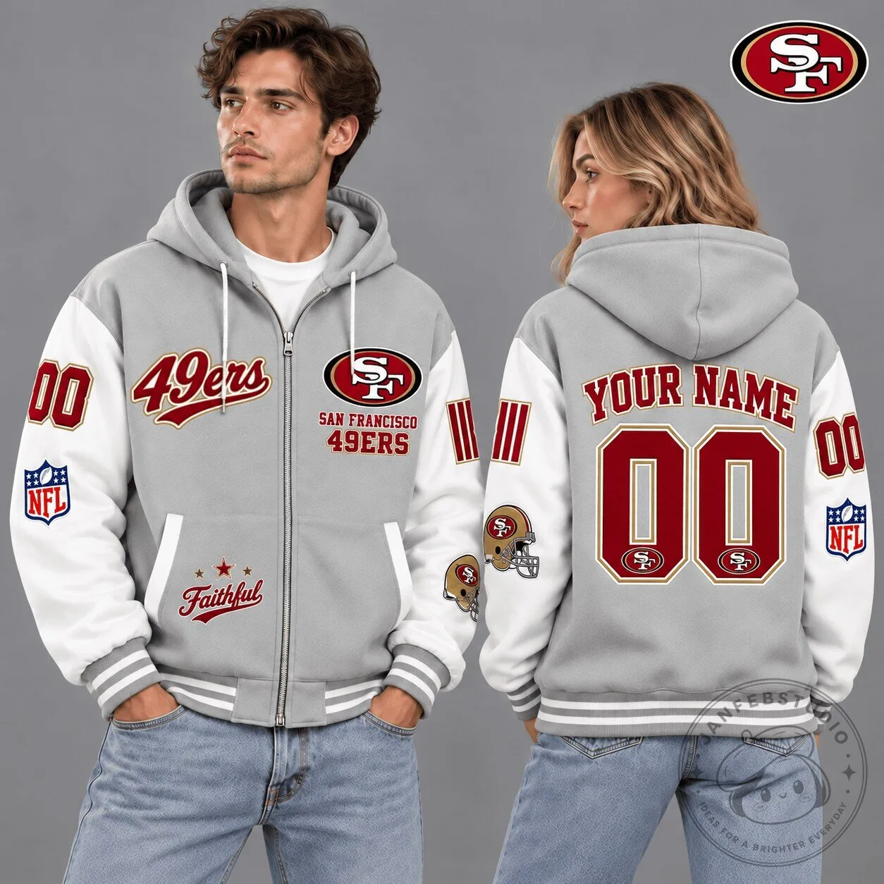 San Francisco 49ers NFL Vintage Varsity Gray Custom Name Number Zip Hoodie