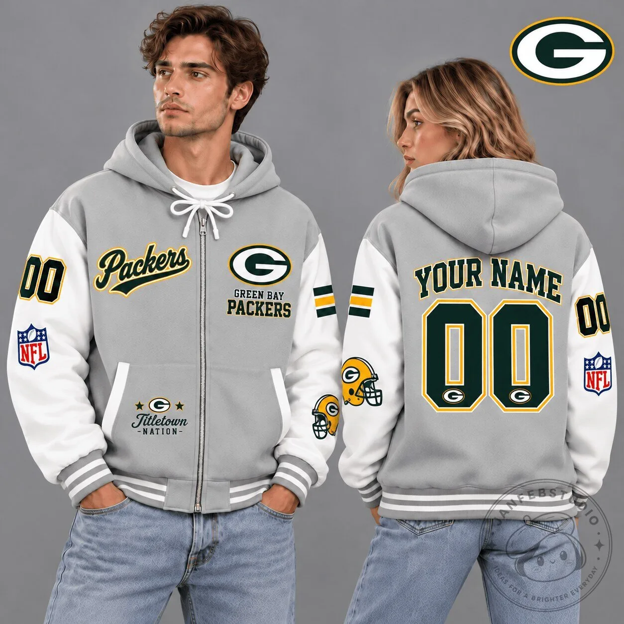 Green Bay Packers Custom Name Number Vintage Varsity Full-Zip Hoodie