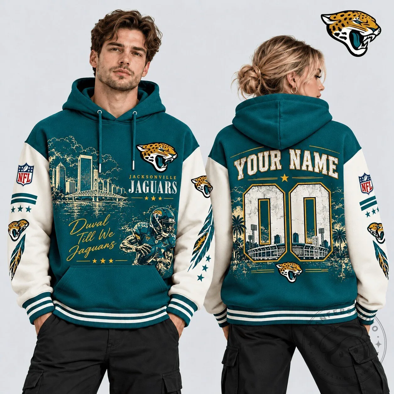 Jacksonville Jaguars NFL Football Vintage Cityscape Custom Name and Number Hoodie