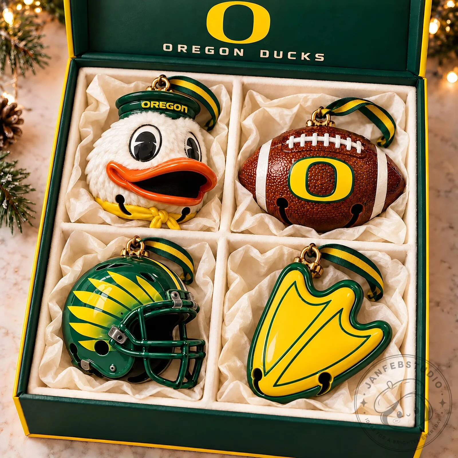 Oregon Ducks Football Team Christmas Holiday Ornament Set