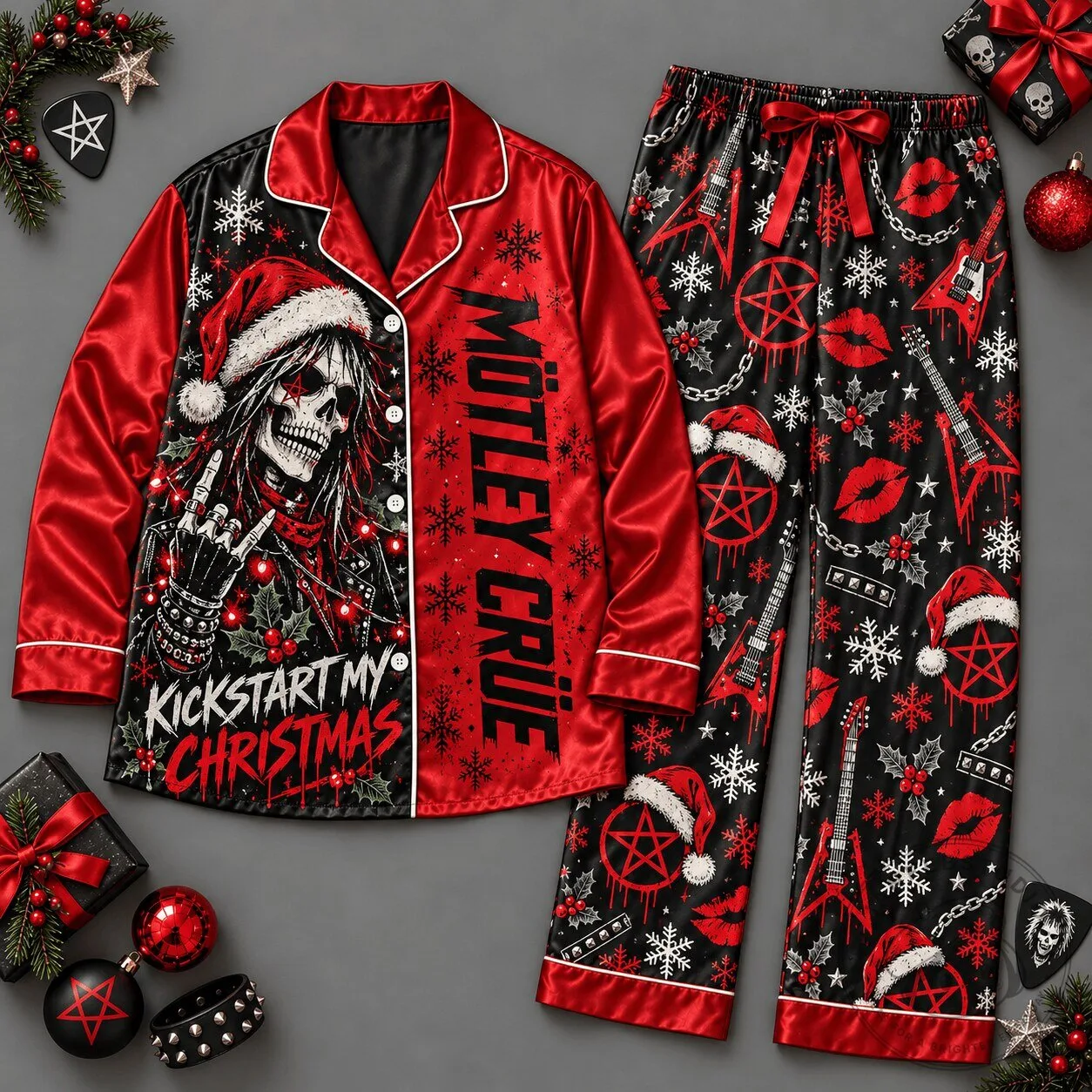Motley Crue Kickstart My Christmas Skeleton Santa Holiday Pajamas Set