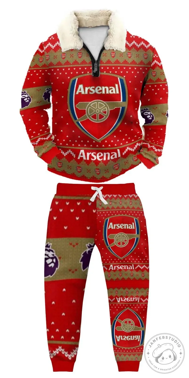 Arsenal Football Club Ugly Christmas Quarter Zip Sweatshirt and Sweatpants Set