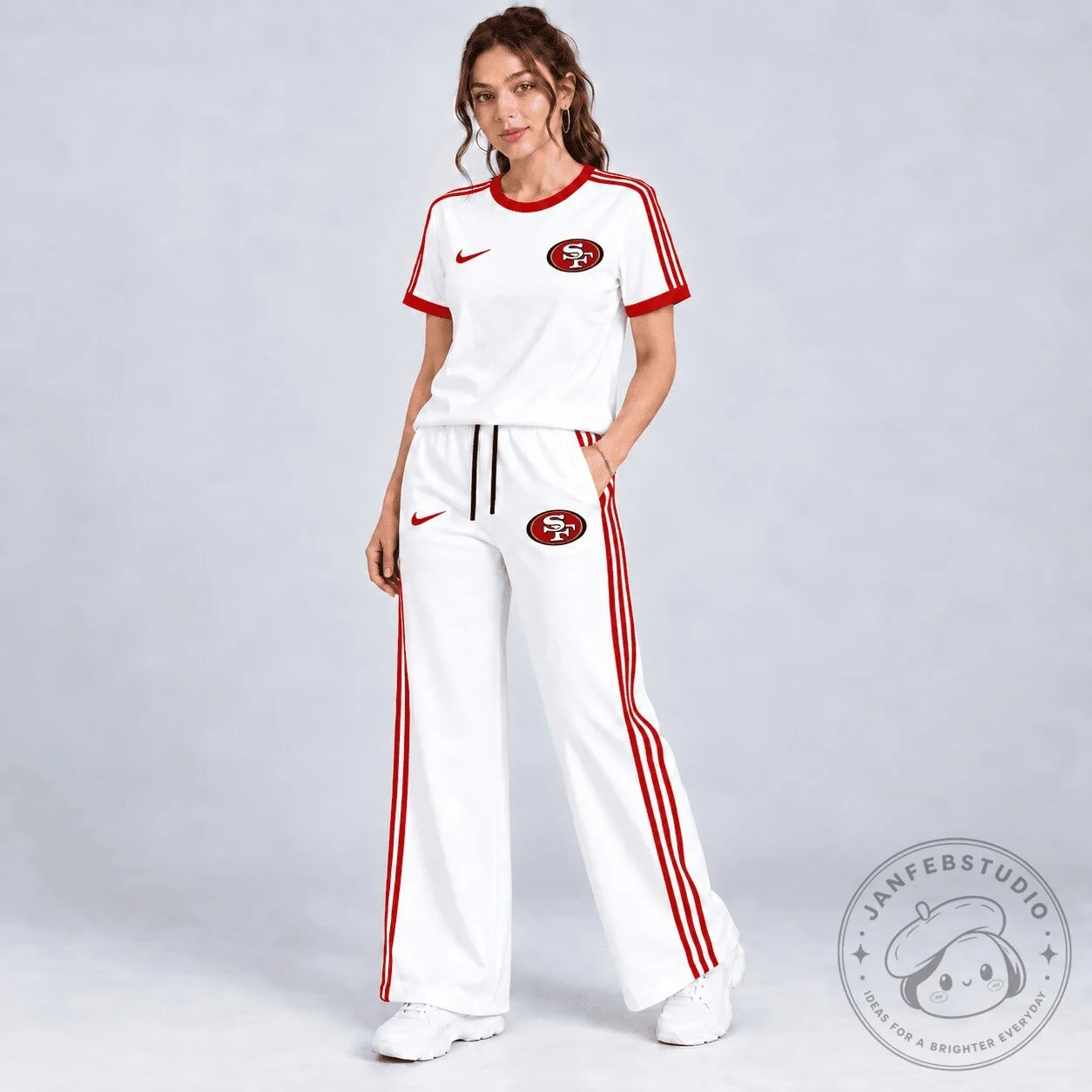 San Francisco 49ers Women’s White and Red Striped Casual T-Shirt