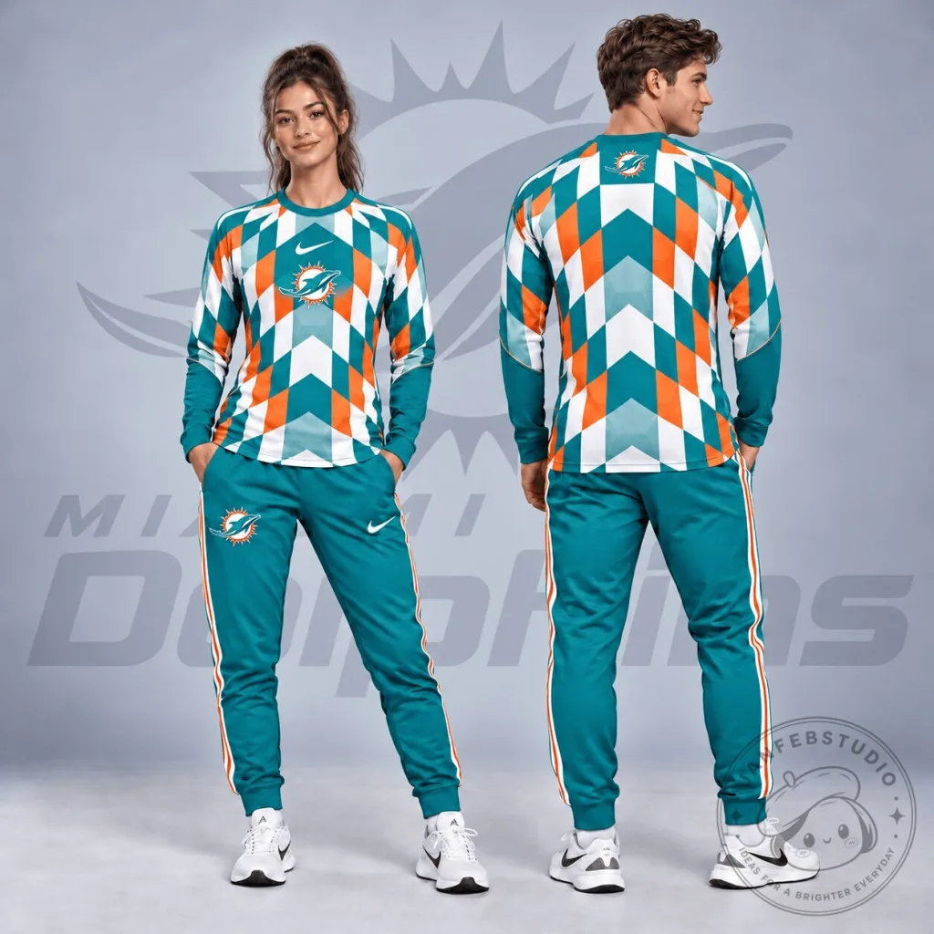 Miami Dolphins Diamond Chevron Geometric Print Long Sleeve Shirt and Jogger Pants Set Miami Dolphins Diamond Chevron Geometric Print Long Sleeve Shirt and Jogger Pants Set