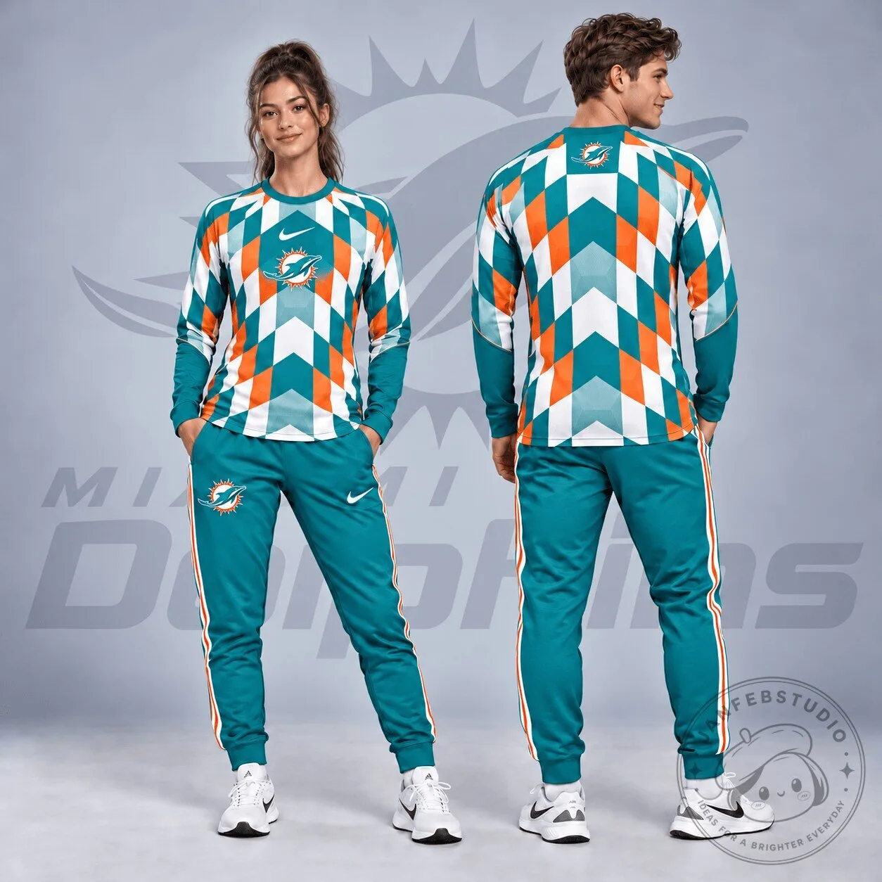 Miami Dolphins Diamond Chevron Geometric Print Long Sleeve Shirt and Jogger Pants Set