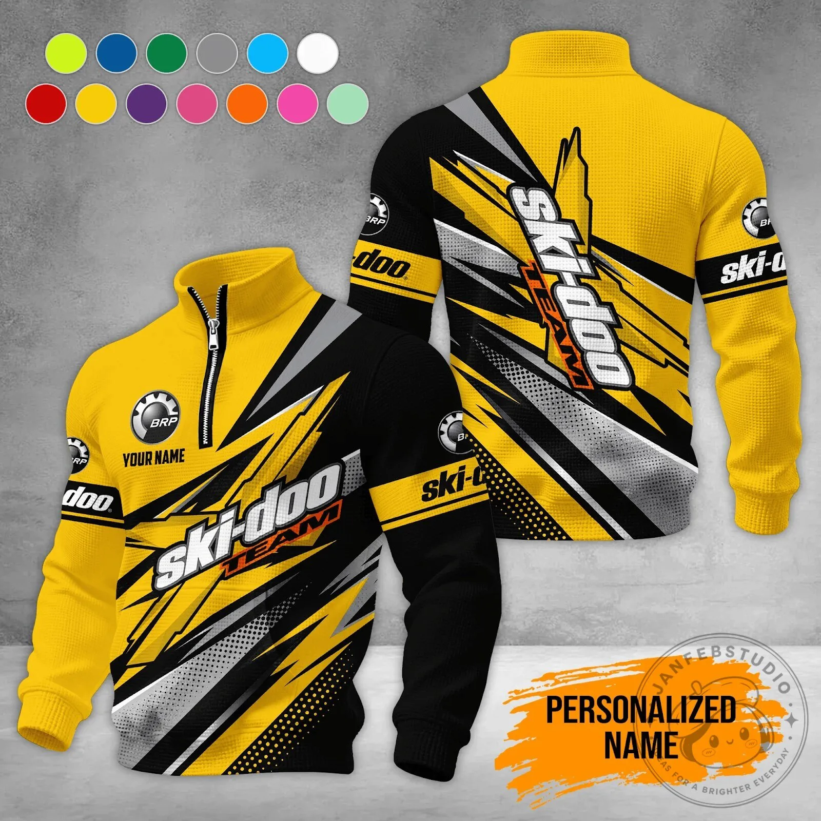 Personalized Ski-Doo Team Racing Yellow Black Quarter-Zip Sweatshirt