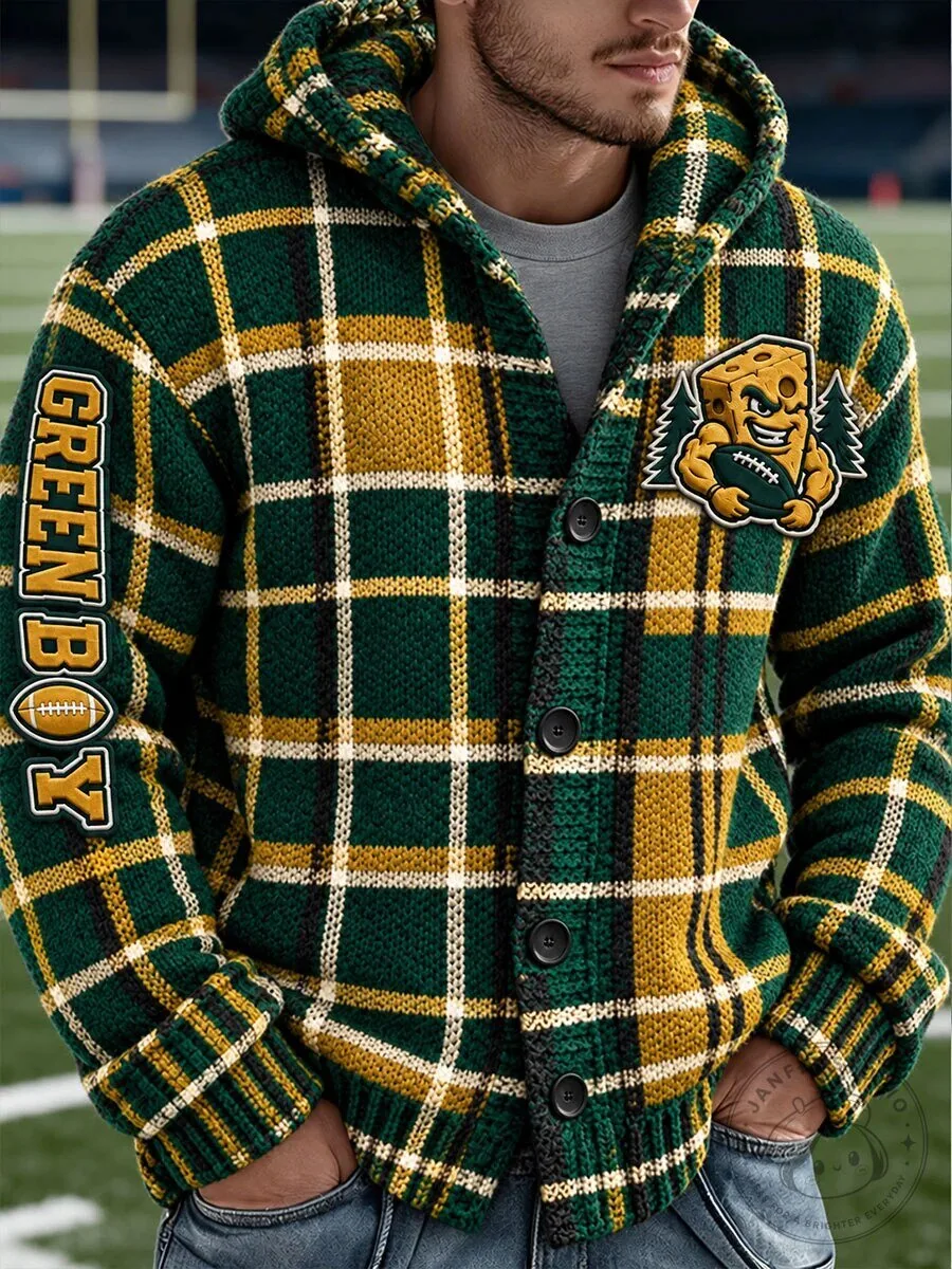Green Bay Packers Plaid Knitted Cardigan Hoodie for Men 5 Green Bay Packers Plaid Knitted Cardigan Hoodie for Men