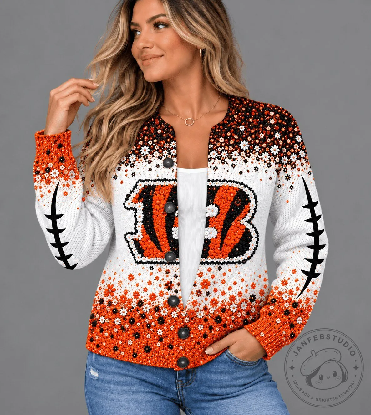 Cincinnati Bengals Football Team Floral Pattern Cardigan Sweater for Women