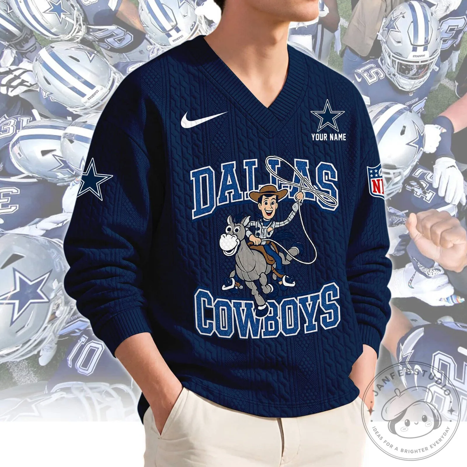 Dallas Cowboys Woody Toy Story Personalized Custom Name V-Neck Knit Sweater