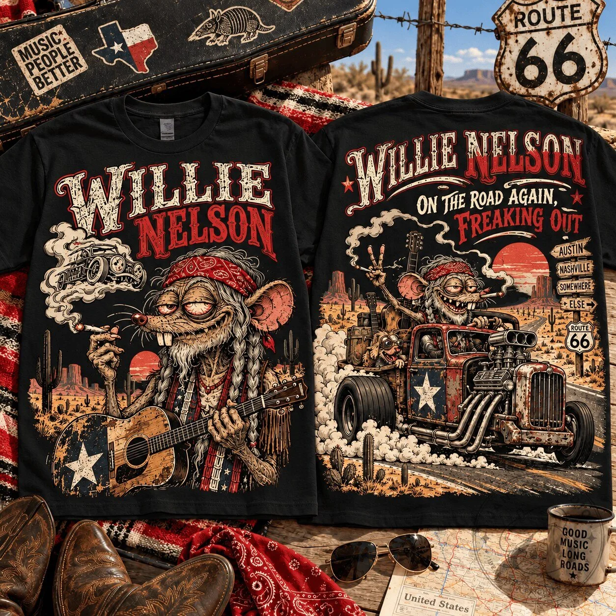 Willie Nelson On The Road Again Freaking Out Rat Fink Country Music T-Shirt