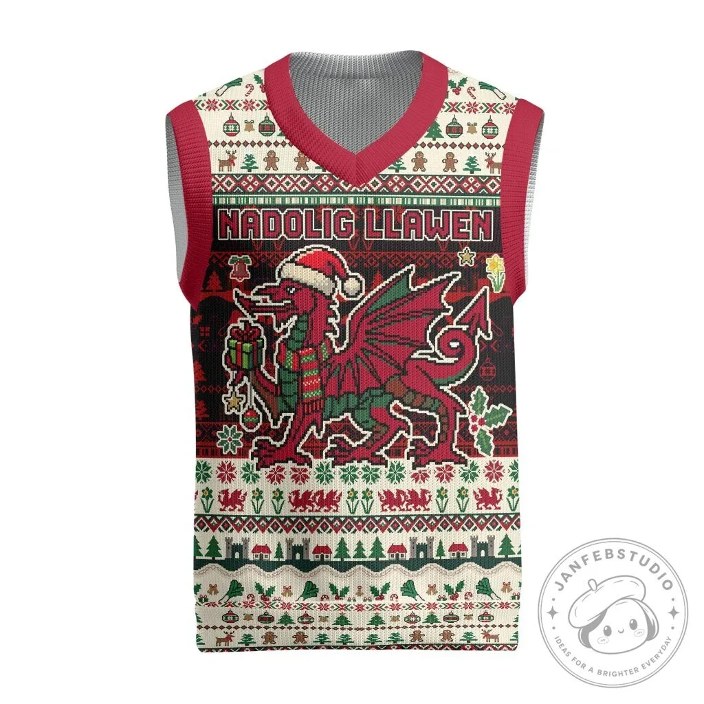 Nadolig Llawen Welsh Dragon Christmas Knitted V-Neck Vest