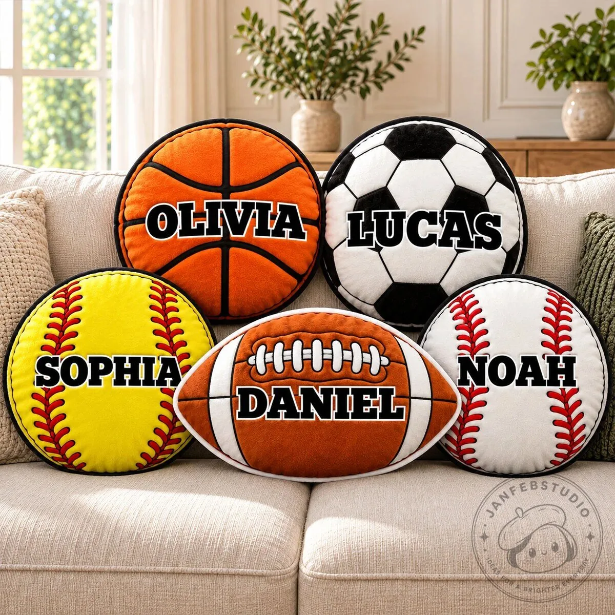Personalized Sports Ball Shaped Throw Pillow Custom Name Gift