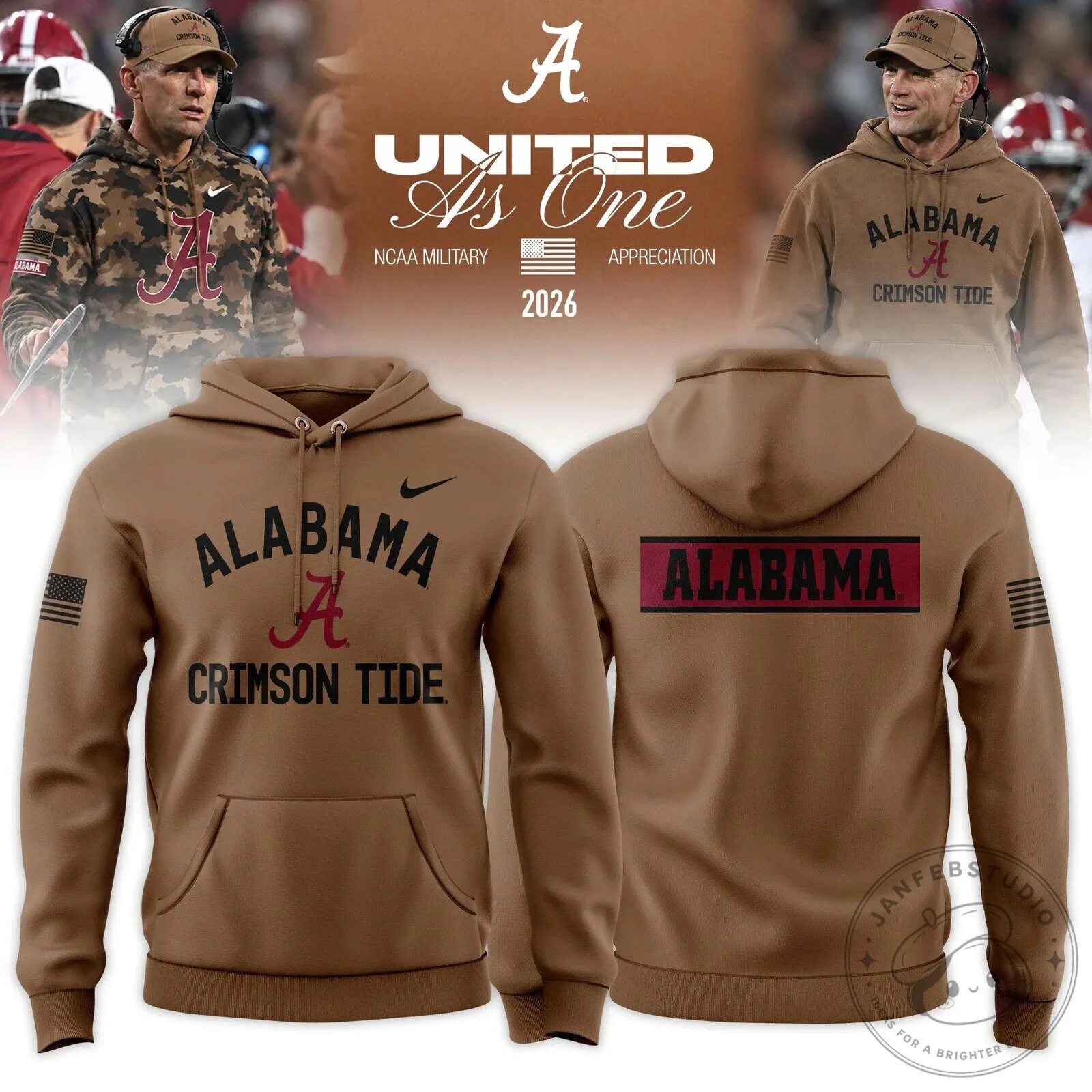 Alabama Crimson Tide Military Appreciation United As One Brown Hoodie