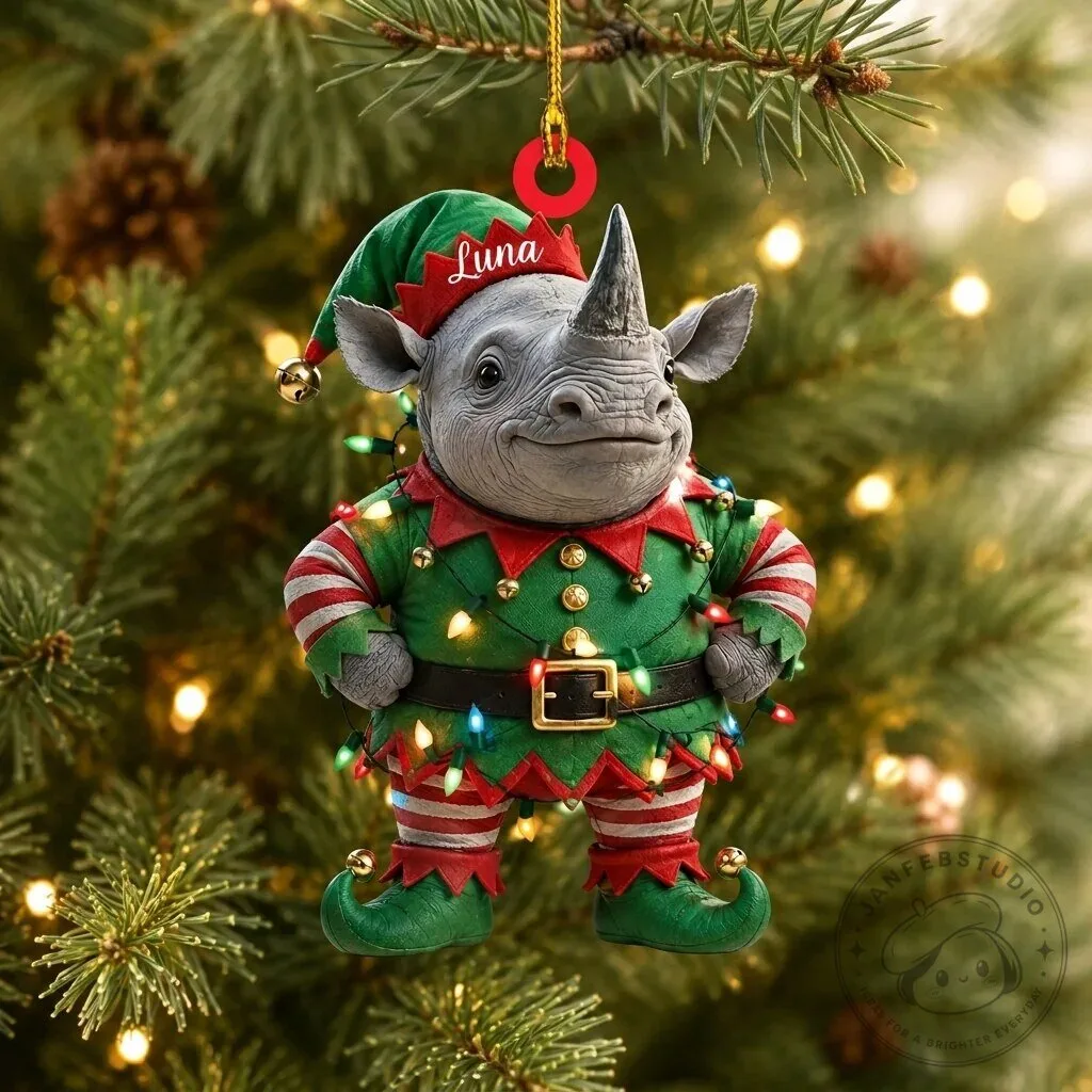 Personalized Baby Rhinoceros Elf Costume Christmas Tree Ornament