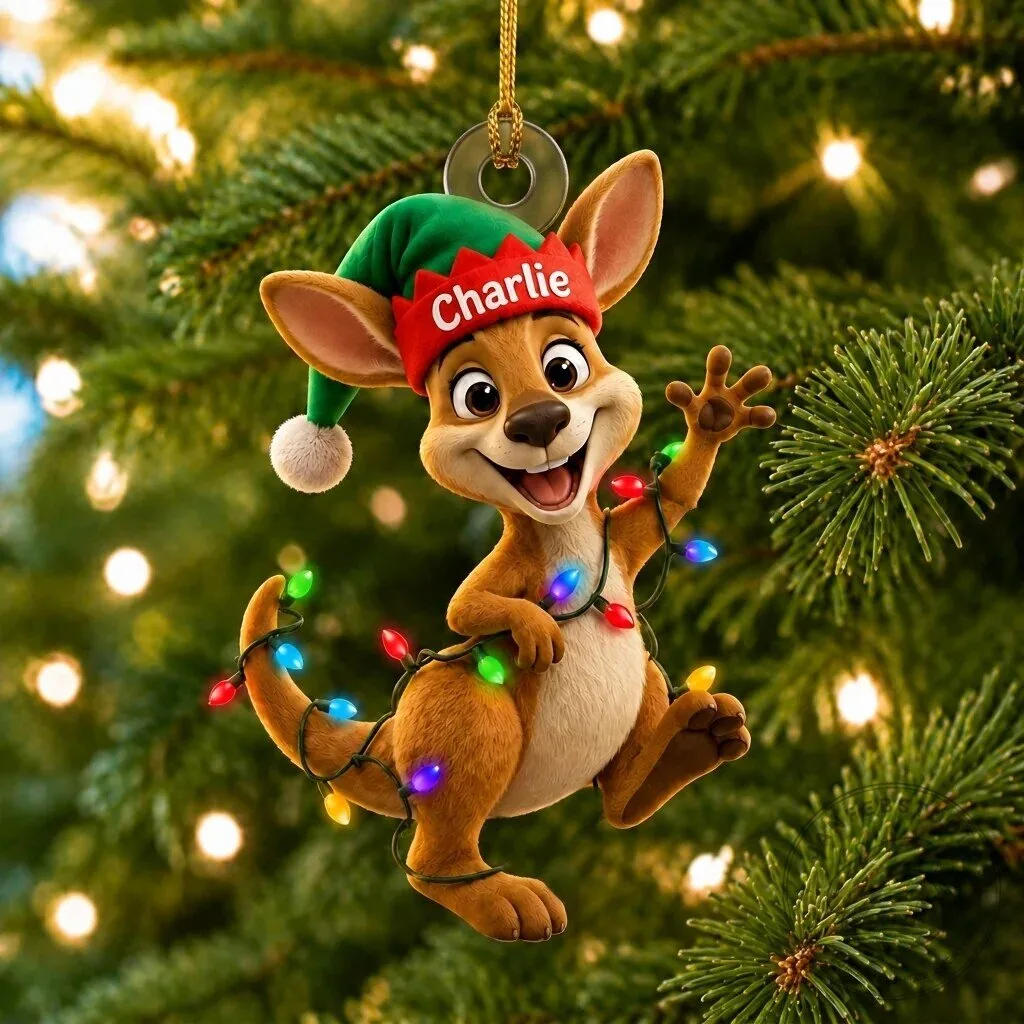 Personalized Christmas Kangaroo with Elf Hat and LED Lights Holiday Ornament