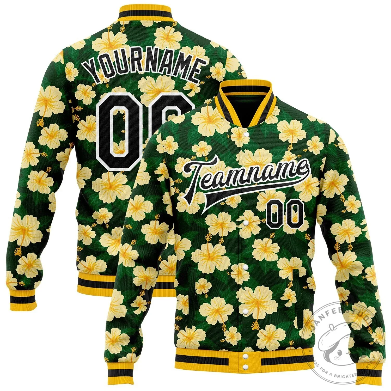 Custom Green Yellow Hibiscus Floral Tropical Bomber Jacket with Name and Number
