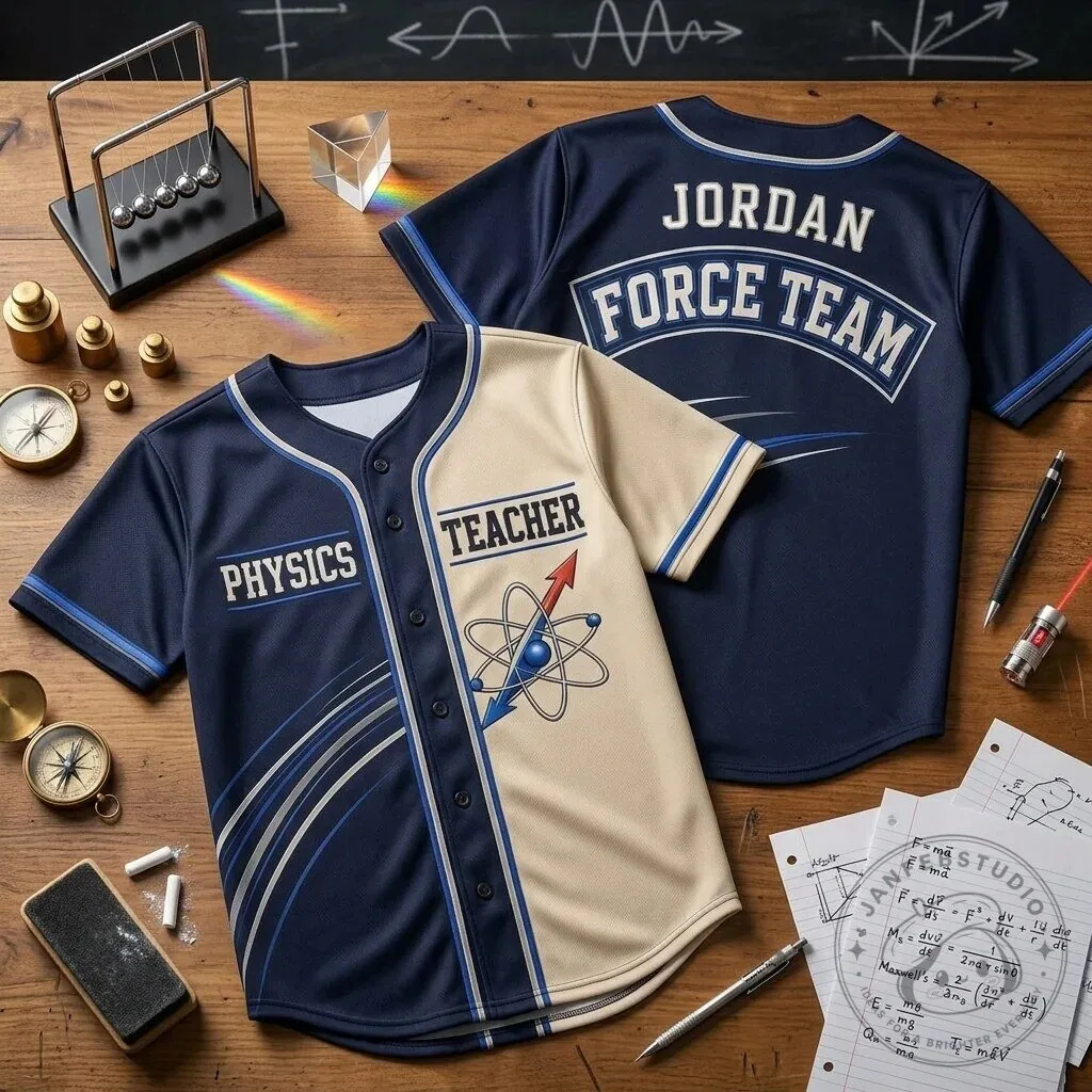 Physics Teacher Personalized Baseball Jersey - Custom Force Team Science Sport Shirt