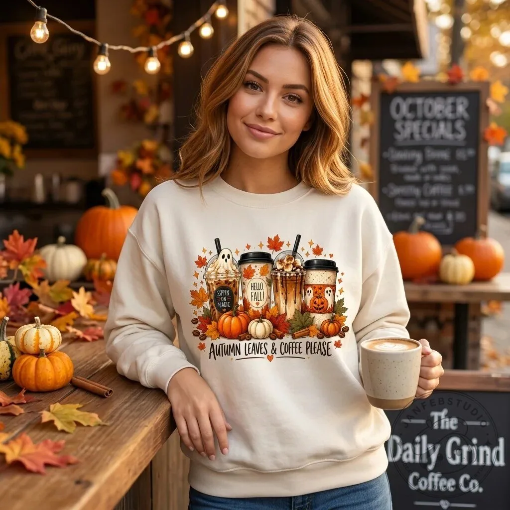 Autumn Leaves and Coffee Please Fall Season Cozy Crewneck Sweatshirt