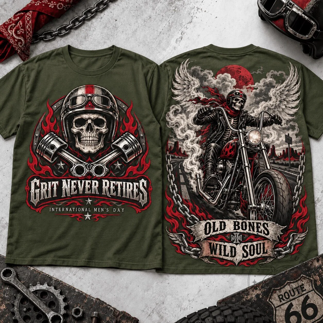 Grit Never Retires International Men's Day Skeleton Biker T-Shirt
