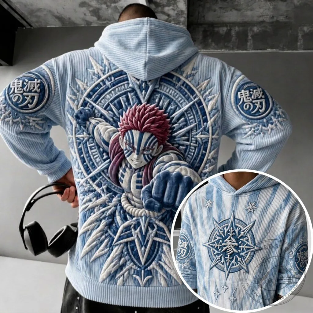 Demon Slayer Akaza Anime Embroidered Corduroy Hoodie