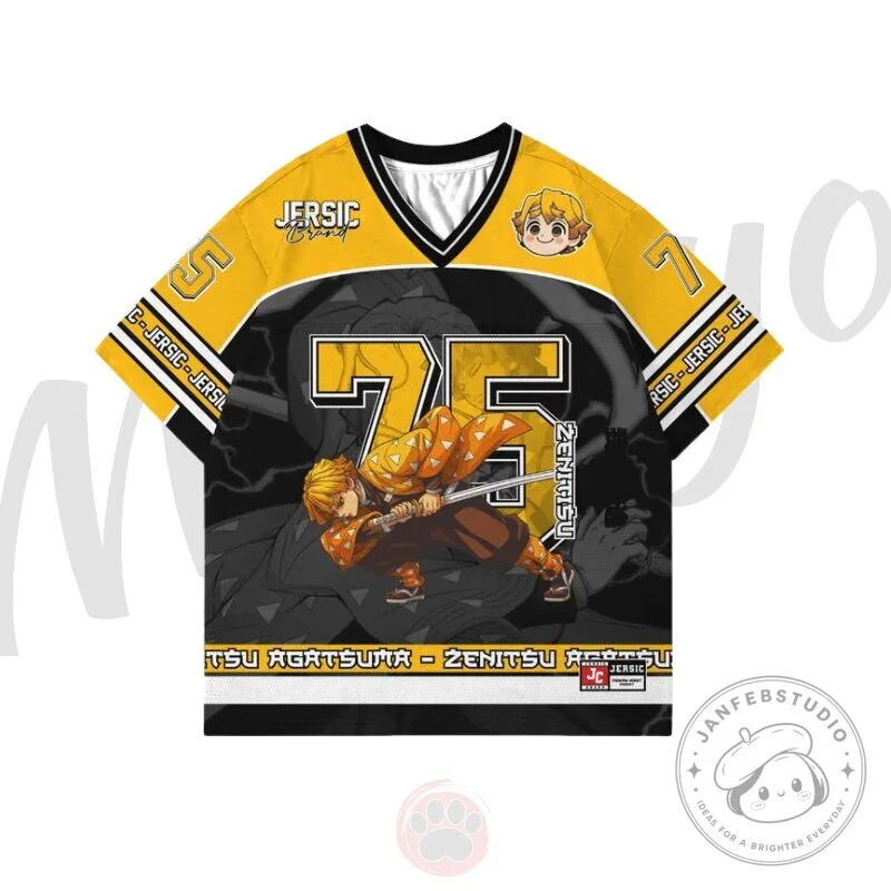 Demon Slayer Zenitsu Agatsuma Anime Character Black and Yellow Hockey Jersey