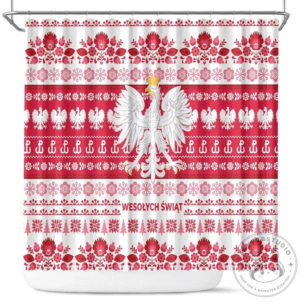 Polish Christmas Folk Art White Eagle Wesołych Świąt Shower Curtain