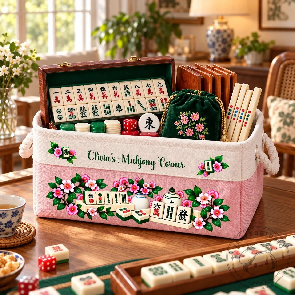 Personalized Mahjong Game Storage Basket with Floral Design and Custom Name 29 Personalized Mahjong Game Storage Basket with Floral Design and Custom Name
