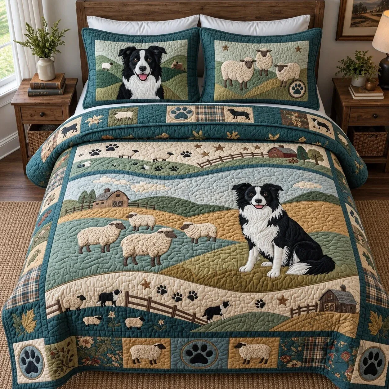 Border Collie Dog Farm Sheep Quilted Bedding Set