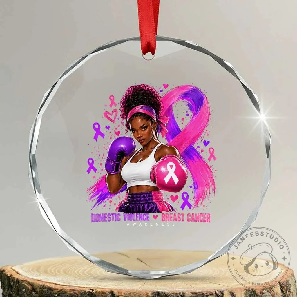 Black Woman Boxer Domestic Violence Breast Cancer Awareness Crystal Glass Ornament