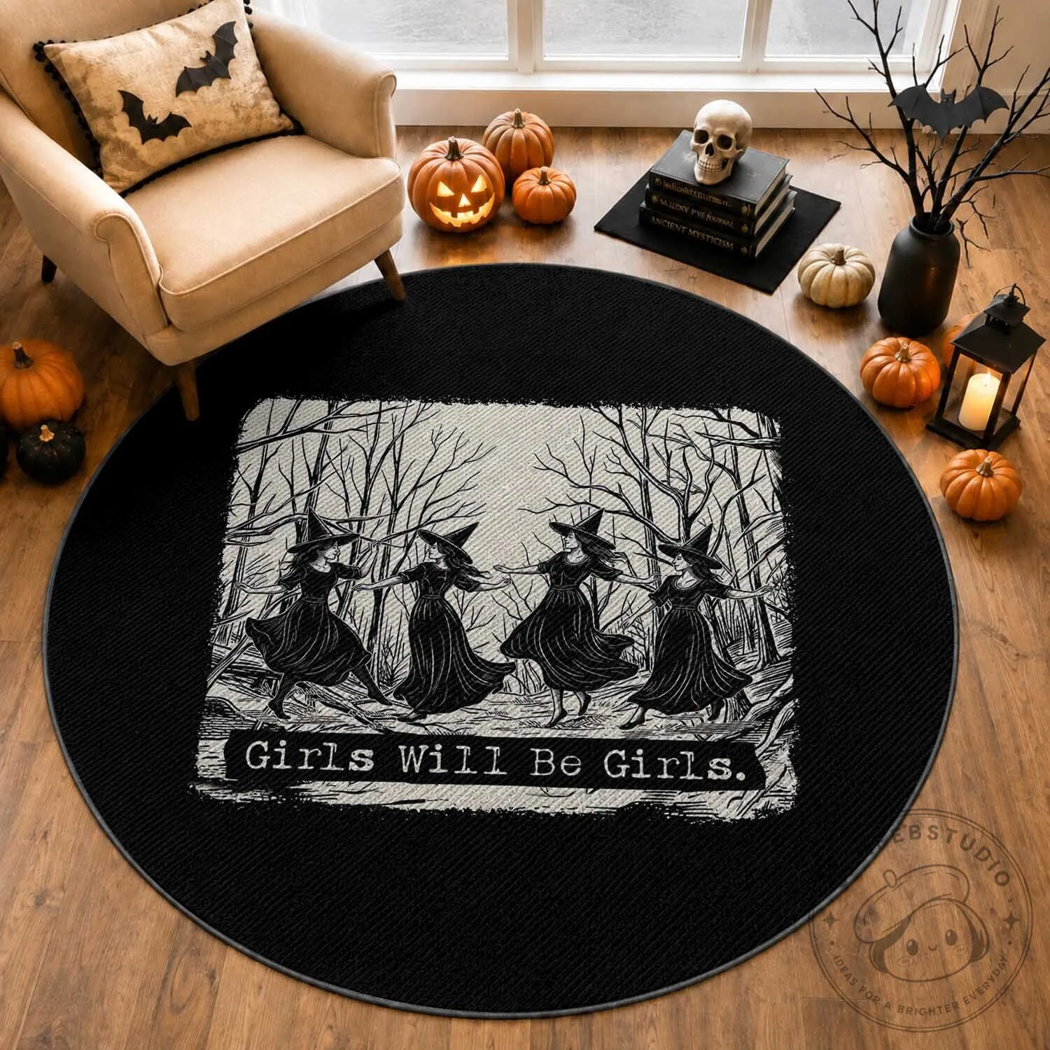 Girls Will Be Girls Witchy Spooky Season Halloween Round Rug