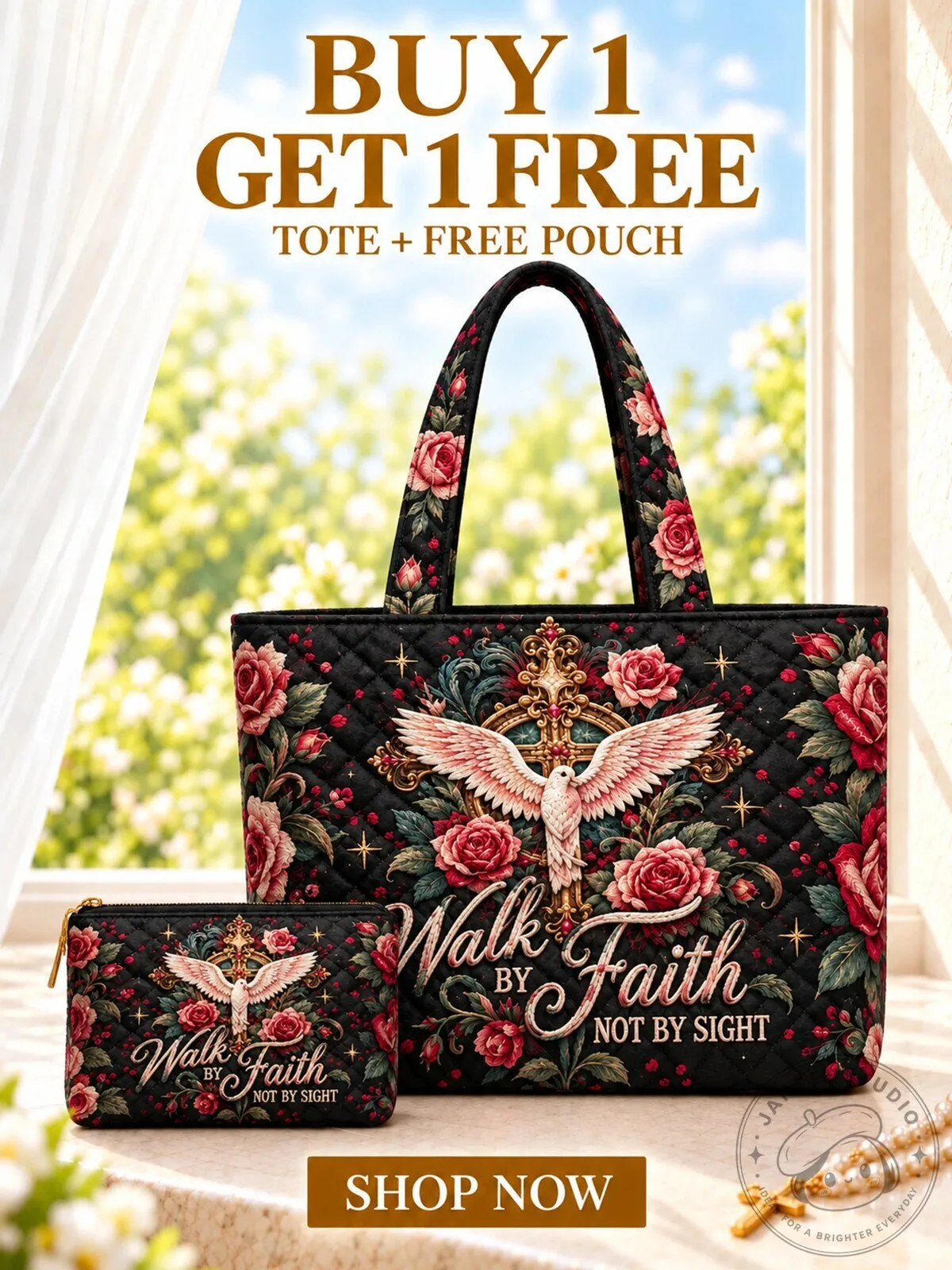 Walk By Faith Not By Sight Floral Quilted Tote Bag with Matching Pouch